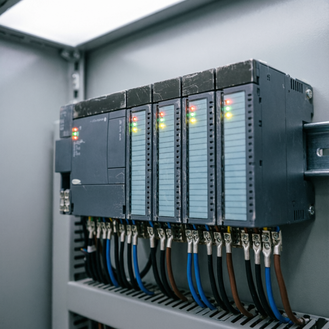Rack-mounted industrial controller modules inside a control cabinet with status indicator lights and wiring