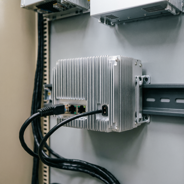 Fanless industrial edge PC with a finned heatsink enclosure, DIN-rail mounted inside a control cabinet