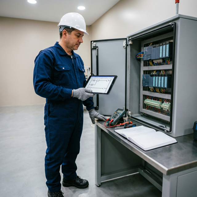 Engineer reviewing a ladder-logic program on a tablet beside an open control cabinet during commissioning