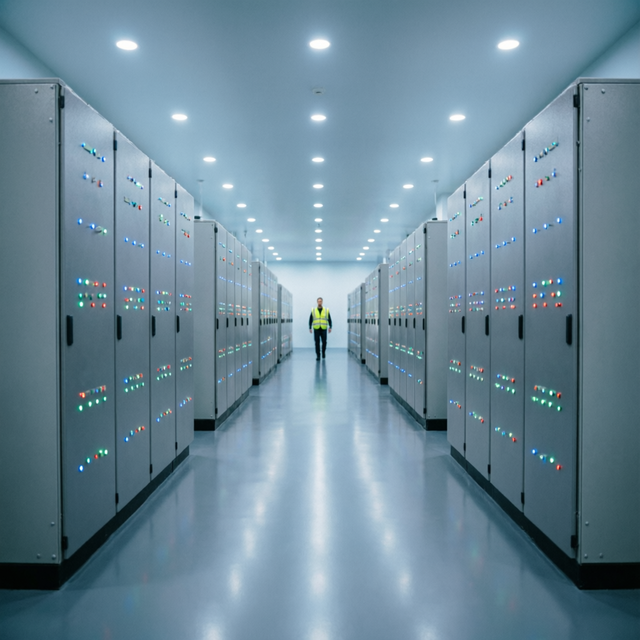 Control room corridor with rows of automation cabinets and an engineer walking between them