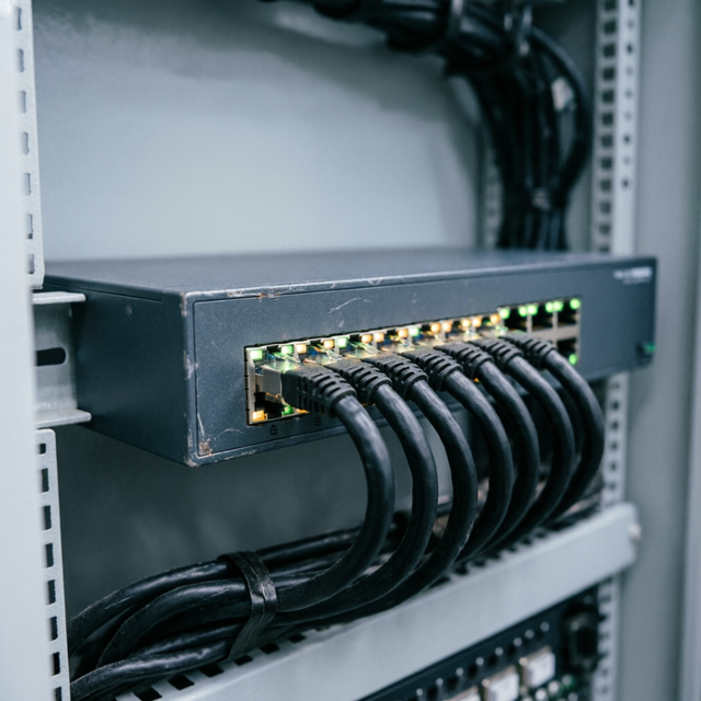 Rack-mounted industrial Ethernet switch with multiple patch cables connected and port status lights lit