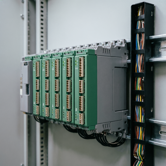Modular industrial I/O rack mounted in a control cabinet with field wiring connections