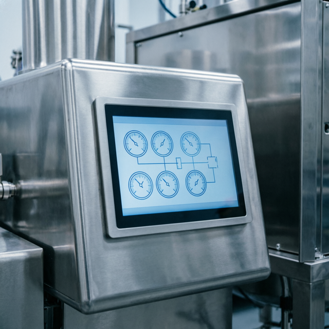 Industrial HMI touch panel mounted on process equipment, displaying a status and control screen