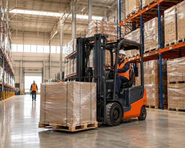 Modern forklift handling palletized goods inside a high-bay warehouse