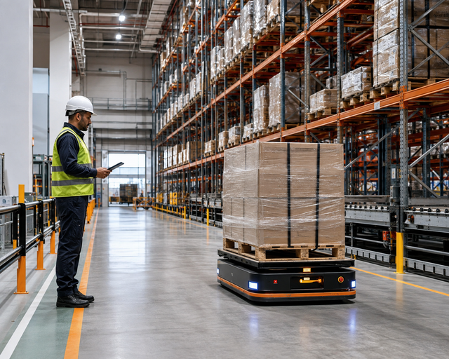 Automated warehouse transport system moving palletized goods