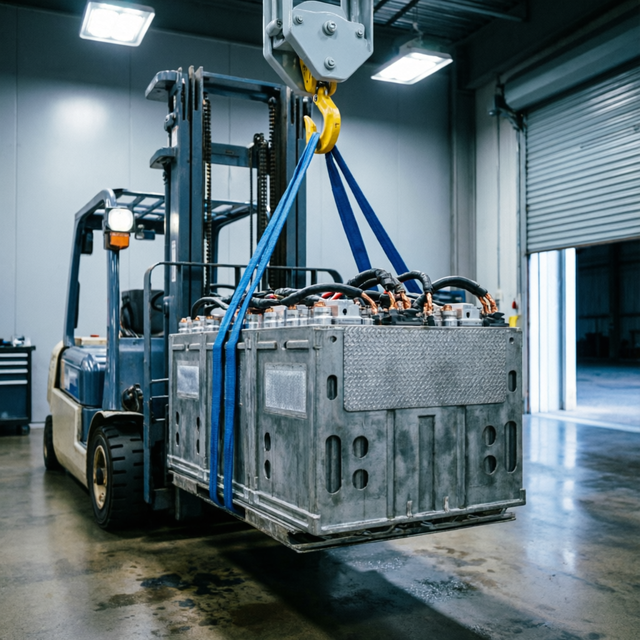 Forklift traction battery lifted by hoist