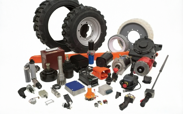 Forklift spare parts on a workbench