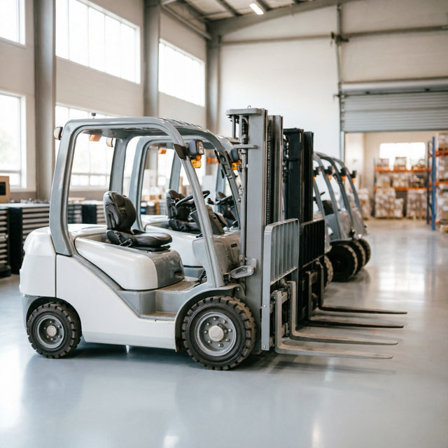 Forklifts lined up in a rental depot