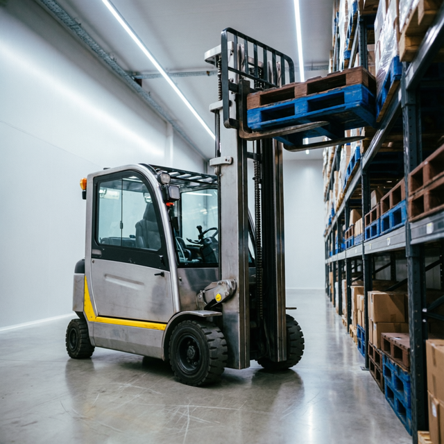 Electric reach truck working in a narrow warehouse aisle