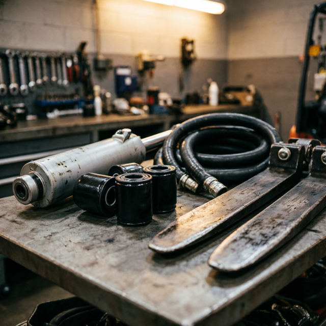 Forklift spare parts on a workshop bench